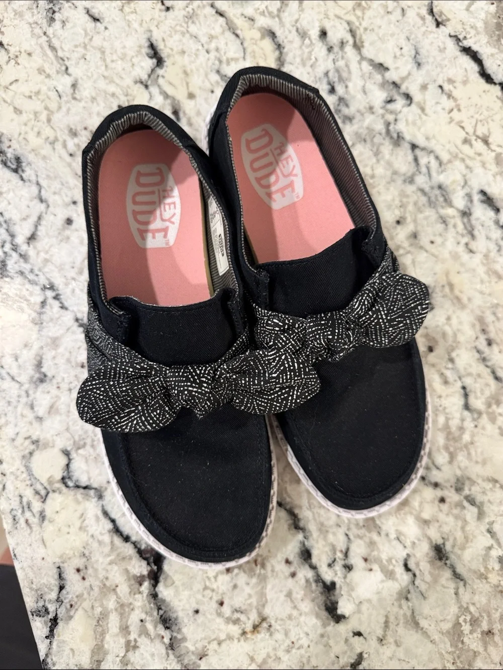 Hey Dude Black Slip-On Bow Shoes with Pink Insole size 7wide